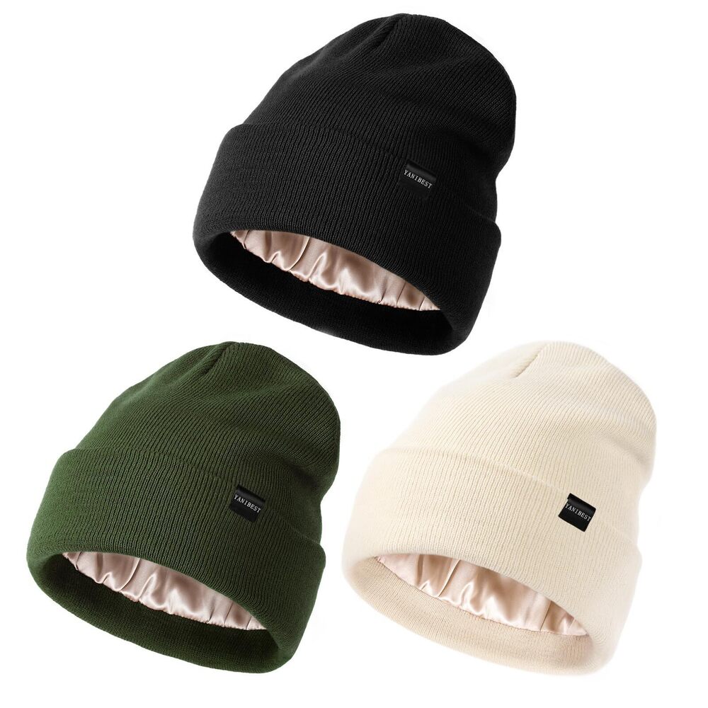 9064 Satin Lined Beanie Hats Knit Beanie Hat Soft Warm Unisex Cuffed Beanie